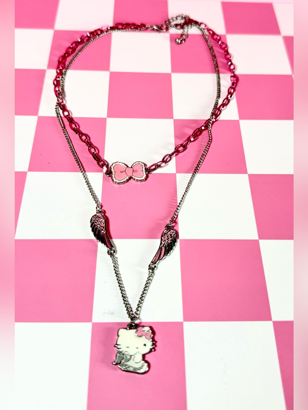 Hello Kitty Angel Double Layered Pink and Silver Necklace